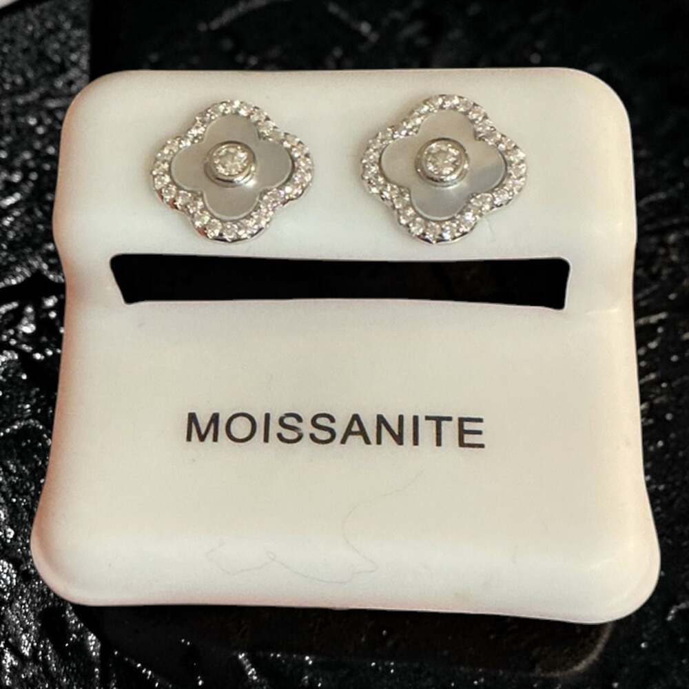 9mm Sterling Silver Moissanite Clover Stud Earrings with Mother of Pearl Inlay - Picture 3 of 4